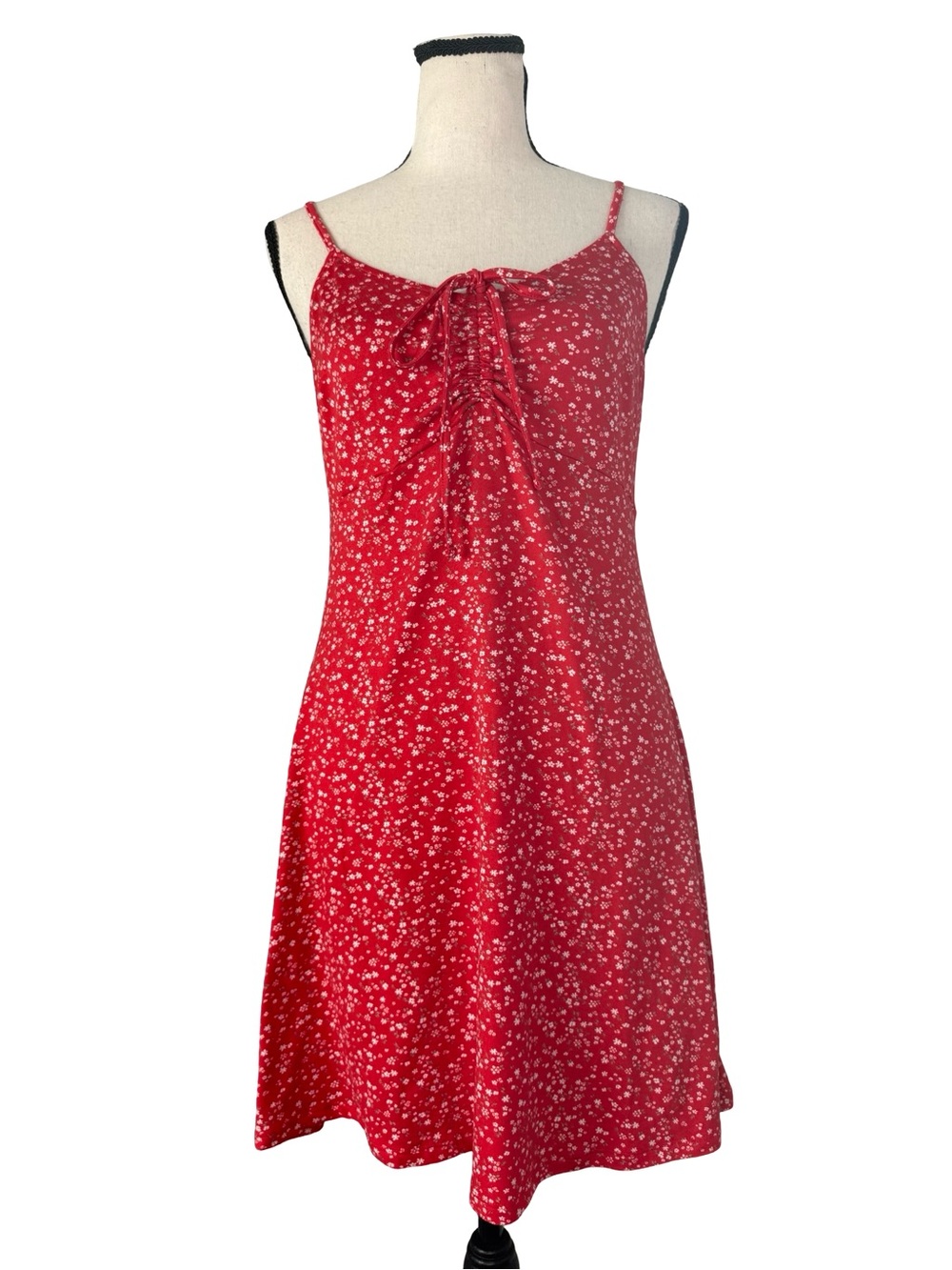 Hollister Red Floral Mini Dress Size Small Ruched Tie Front Spaghetti Strap